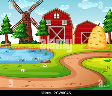 Farm with red barn and windmill scene Stock Vector