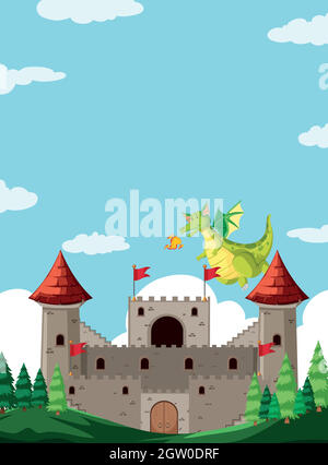 Fire breathing dragon in castle scene illustration Stock Vector Image ...
