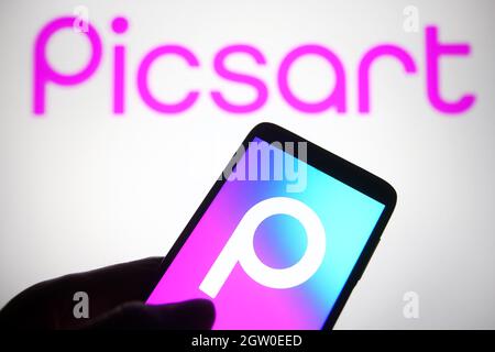 Ukraine. 02nd Oct, 2021. In this photo illustration a Picsart logo is seen on a smartphone and a pc screen. Credit: SOPA Images Limited/Alamy Live News Stock Photo