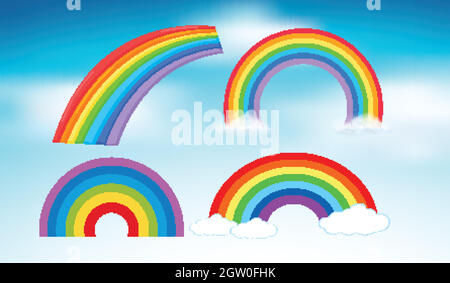Set of rainbows in blue sky background Stock Vector