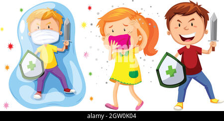 Children with shield and sword fighting germs Stock Vector