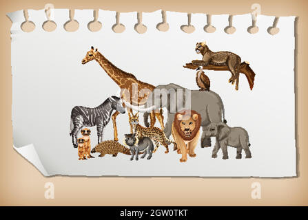 Group of wild african animal on paper Stock Vector