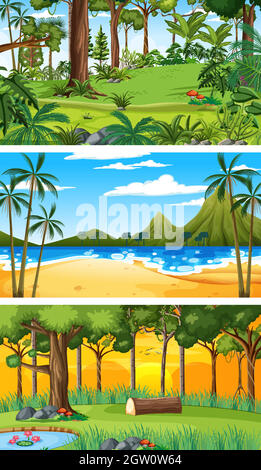 Three different nature horizontal scenes Stock Vector