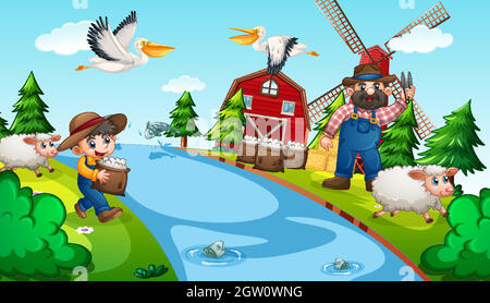 Old MacDonald in a farm nursery rhymes scene Stock Vector