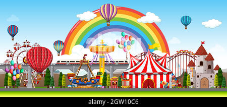 Amusement park scene at daytime with balloons and rainbow in the sky Stock Vector