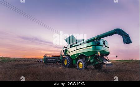 combine harvester standing alone in field in Wiltshire, UK at sunset Stock Photo