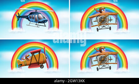 Four scenes with airplane flying in the sky Stock Vector