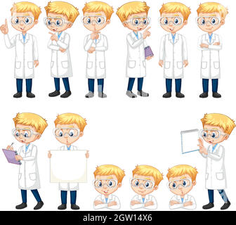 Set of boy in lab gown doing different poses Stock Vector