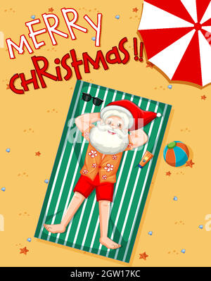 Merry Christmas font Santa Claus taking sun bath on the beach with summer element Stock Vector