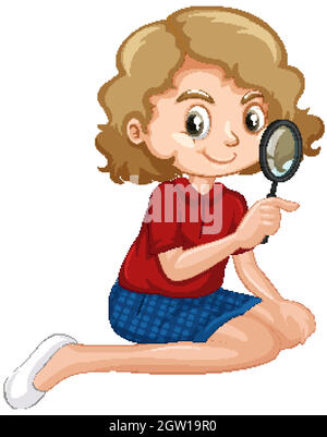 Girl in red shirt holding magnifying glass Stock Vector