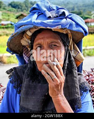 An elderly Minangkabau rice farmer woman smoking a cigarette near the town of Bukittinggi in West Sumatra, Indonesia. Rice fields are behind her.