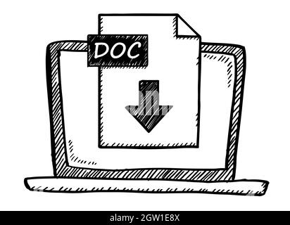 Vector illustration of downloading doc file icon on laptop screen. Hand drawn black and white doodle image. Stock Vector