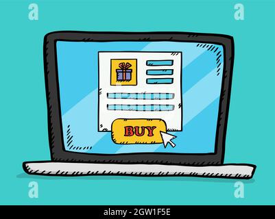 Vector illustration of internet shop page on laptop screen. User arrow is clicking BUY button. Hand drawn colorful doodle image. Stock Vector