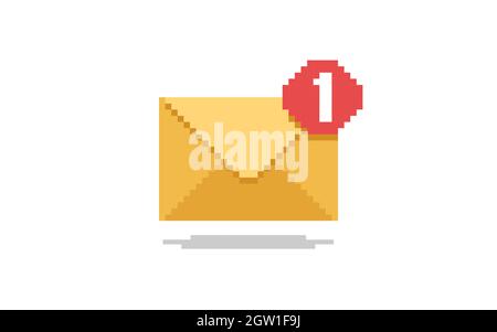 Vector illustration of pixela art email icon with numbers of received  messages. Icon is isolated on trasparent background. Stock Vector