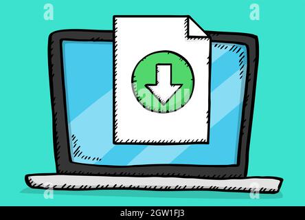 Hand drawn vector illustration of downloading file, on laptop screen. Colorful doodle with download button. Stock Vector