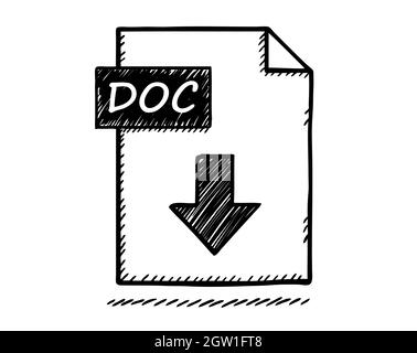 Vector illustration of downloading doc file icon. Hand drawn black and white doodle image. Stock Vector