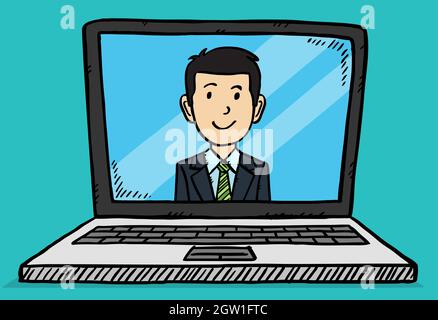 Video conversation with businessman on laptop screen. Cartoon style vector, colorful illustration of laptop computer. Stock Vector