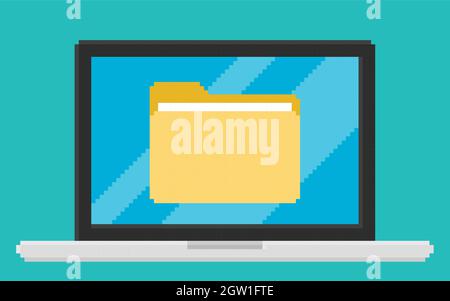 Pixel art, vector illustration of file folder on laptop screen. Stock Vector