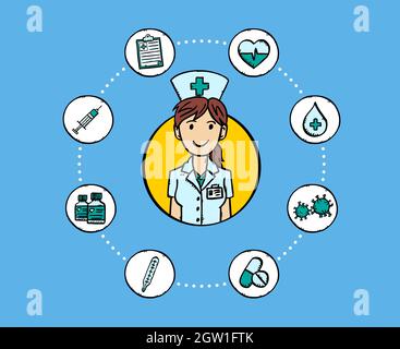 Cartoon style vector of female nurse avatar, surrounded by medical icons. Sketch style doodle colorful illustration. Stock Vector