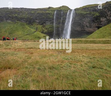 Distant view of Seljalandsfoss (Seljalands Waterfall) in southern Iceland Stock Photo