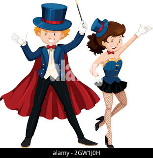 Magician and his assistant in blue outfit Stock Vector