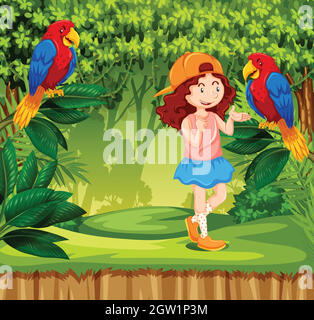 A red hair girl in jungle with parrot Stock Vector