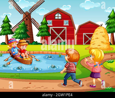 Four kids in the farm with red barn and windmill scene Stock Vector