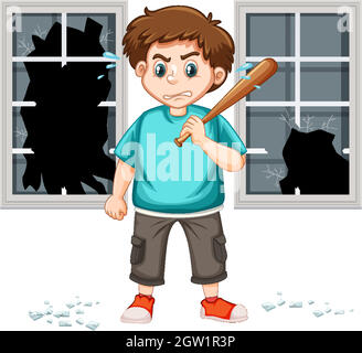 Violence scene with angry man and baseball bat Stock Vector