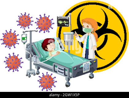 Poster design for coronavirus theme with boy in hospital bed Stock Vector