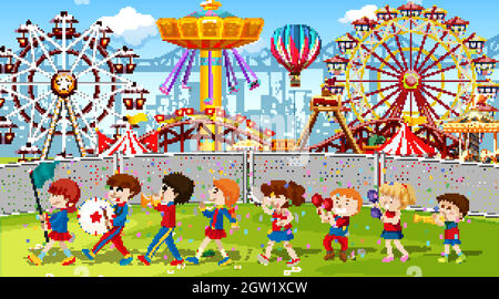 Themepark scene with many rides with children in the band Stock Vector