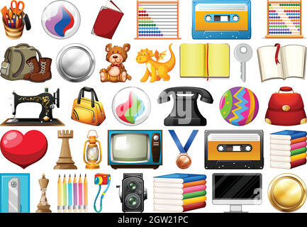 Assorted office, home and school related objects and toys isolated Stock Vector