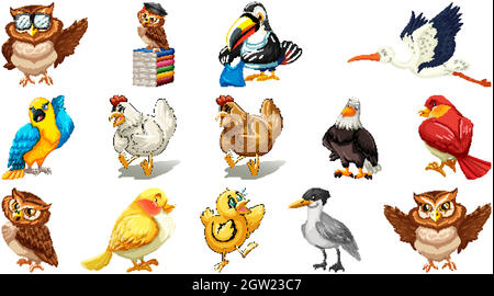 Set of different birds cartoon style isolated on white background Stock Vector