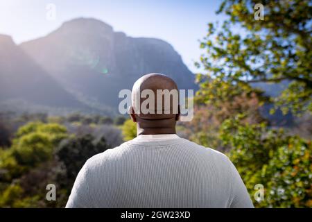 Back view of african american senior man looking into distance Stock Photo