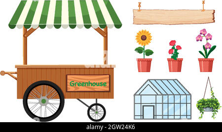 Set of gardening items with flowers and greenhouse Stock Vector