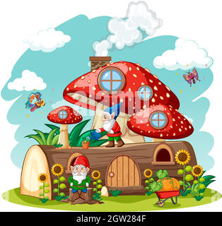 Gnomes and timber mushroom house and in the garden cartoon style on garden background Stock Vector