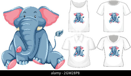 Set of different shirts with elephant cartoon character isolated on white background Stock Vector