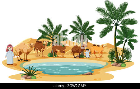 Oasis in desert with camel and nature elements on white background Stock Vector