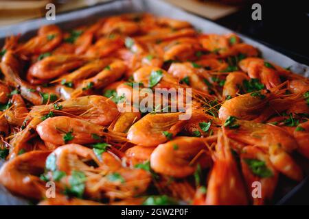 Fresh Boiled Prawns With Coriander. A Delicious Dish Of Seafood