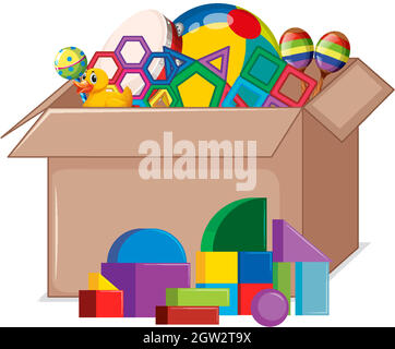 Cardboard box full of toys on white background Stock Vector