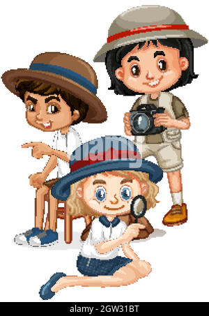 Three kids with magnifying glass and camera Stock Vector