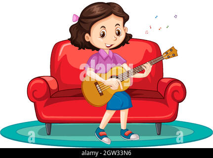 Girl playing guitar on sofa Stock Vector