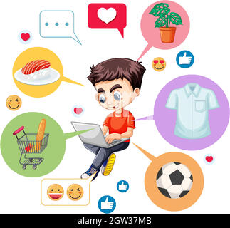 Boy in red shirt searching on laptop with icon searching cartoon character isolated on white background Stock Vector