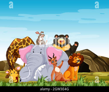 Wild animals group are posing smile cartoon style isolated on forest background Stock Vector
