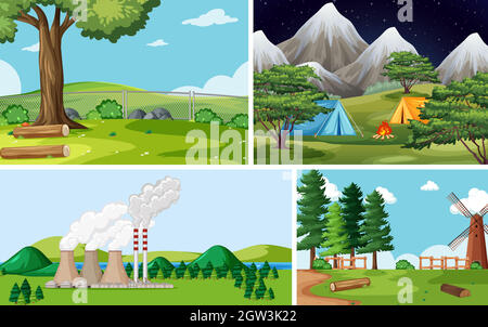Four different scenes in nature setting cartoon style Stock Vector