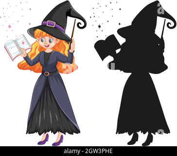 Young beautiful witch holding magic wand and book in color and silhouette cartoon character isolated on white background Stock Vector