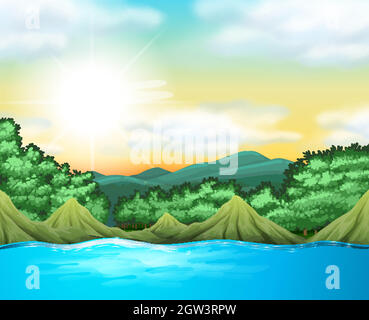 Nature scene with trees and lake Stock Vector