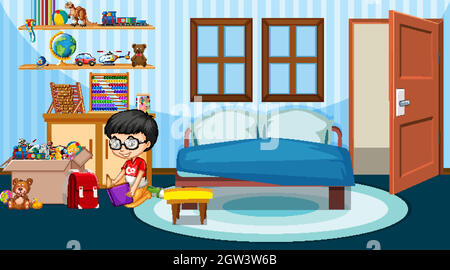 Scene with boy reading book in the bedroom Stock Vector