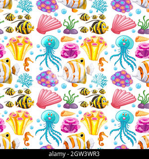 Seamless background design with sea creatures and corals Stock Vector