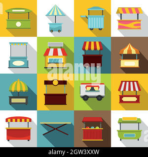 Street food truck icons set, flat style Stock Vector