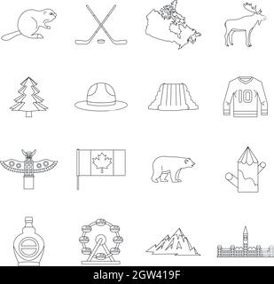 Canada travel icons set, outline style Stock Vector